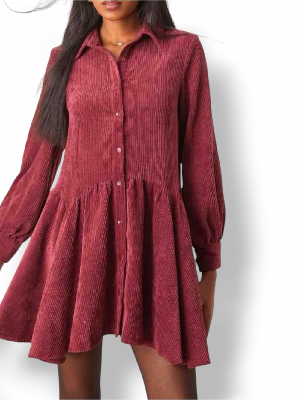 ASOS Design Burgundy Corduroy Mini Dress US 12 Button Drop Waist Peplum Babydoll